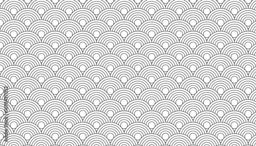 Seamless Japanese Seigaiha wave pattern vector, traditional black and white geometric scallop ocean background.