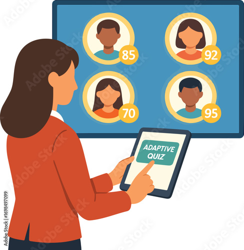 Teacher using a tablet to deploy an adaptive quiz students avatars on screen light up with scores illustration