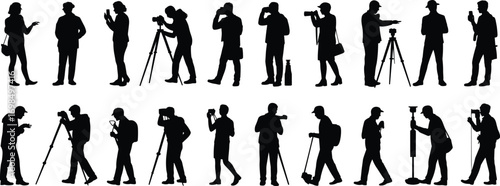 Silhouettes of photographers and people with cameras, tripods, photography equipment, taking photos, outdoor shooting, camera gear, photo session, creative professionals