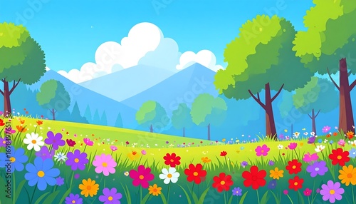 Colorful landscape panorama with flowers and trees