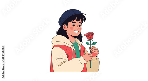 Smiling young woman with dark hair and a beret gently holds a vibrant red rose, symbolizing affection and thoughtfulness