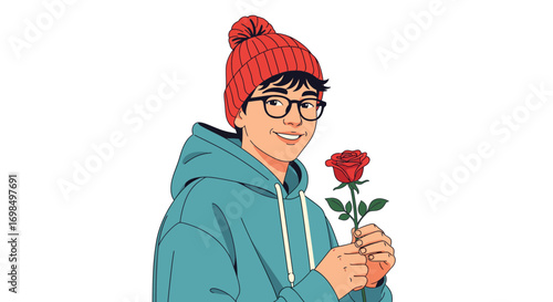 A charming illustration of a young person in a blue hoodie and red beanie, smiling while holding a single red rose as a romantic gift of love