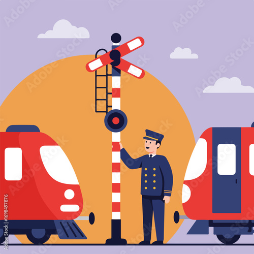 Cartoon train scene, conductor and railway crossing signal