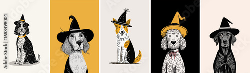 Cute doodle halloween dogs in witch hats