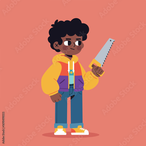 Boy holding saw,wearing a hoodie and jeans against a solid rose backdrop