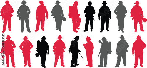 Silhouettes of firefighters in various poses, red, black, gray colors, emergency rescue workers, fire safety, protective gear, teamwork concept