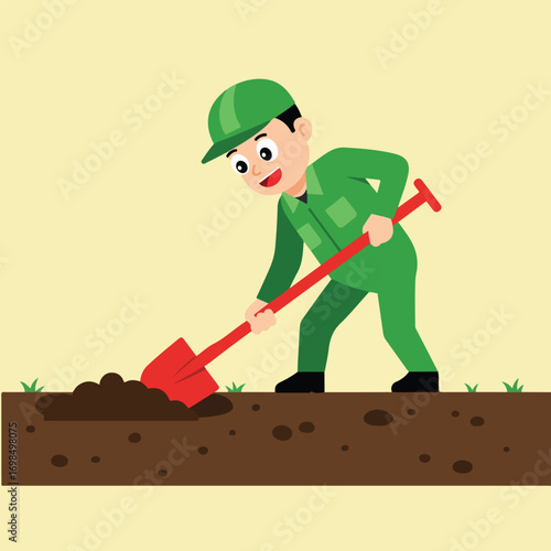 Worker digs soil with shovel