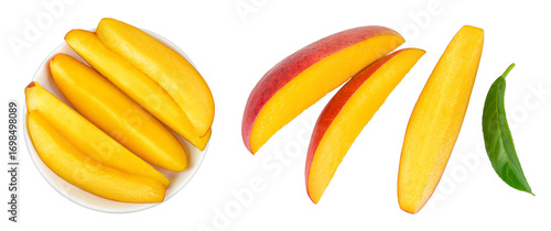 mango slices in ceramic bowl isolated on white background. Top view. Flat lay