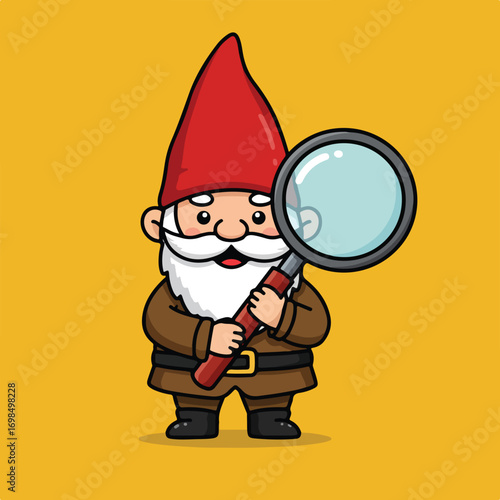 Cartoon gnome inspects with lens