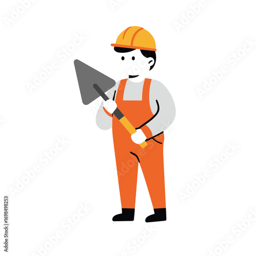 A builder in orange overalls with a trowel and safety helmet