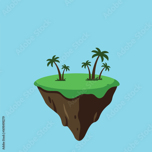 Cartoon island with palm trees floats against light blue backdrop