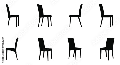 eight simple black chairs arranged neatly in two rows