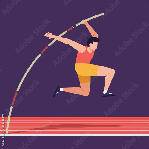 Man mid-air with pole-vault, orange shirt, yellow shorts, blue shoes, on dark surface