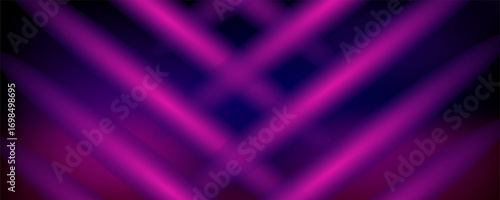 Neon light tunnel perspective. Vector realistic illustration of dark hall with triangular shape geometric lamps, purple and pink color illumination glowing in dark corridor. Eps10
