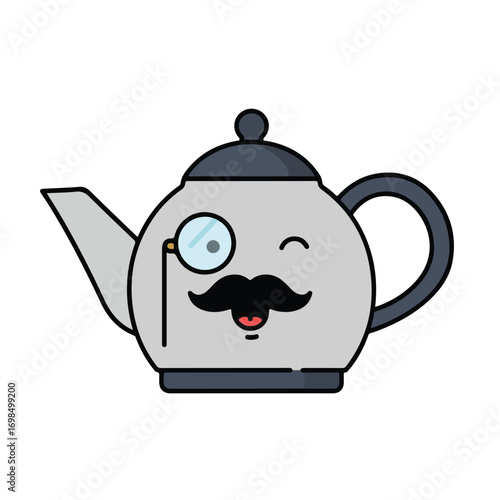 Quirky tea kettle with monocle and mustache illustration