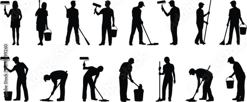 Silhouettes of people painting, cleaning, mopping, sweeping, holding buckets, rollers, working, maintenance, janitorial tasks, home improvement, professional cleaning service