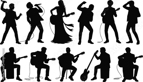 Silhouettes of musicians playing guitar and singing, live music performance, band on stage, acoustic guitar, musical entertainment, concert vibes