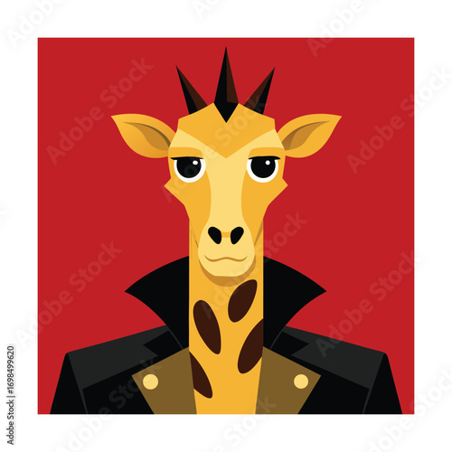 Stylized Giraffe Portrait in Leather Jacket Keywords: giraffe, animal, cartoon, illustration