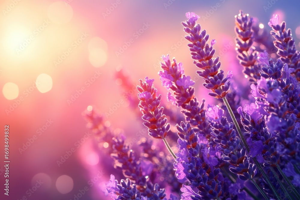 Fototapeta premium Lavender Flowers in Sunrise Light with Soft Bokeh Effect