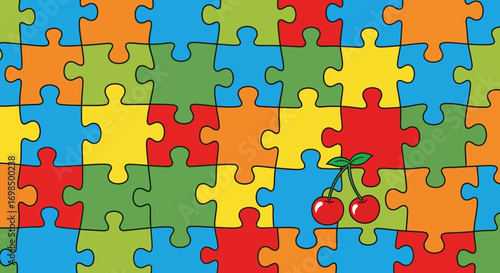A close-up view of a colorful jigsaw puzzle with a pair of cherries as the central focus.