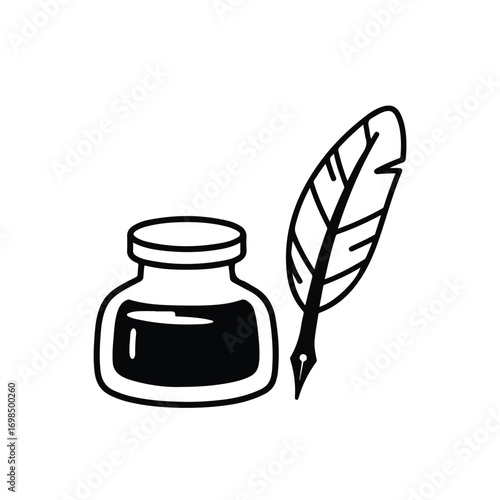 Inkwell and feather quill pen