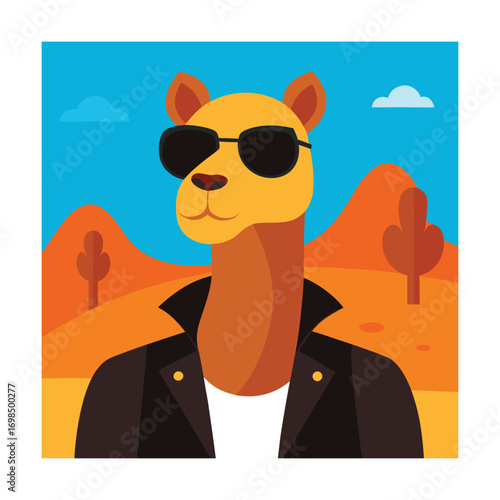 Camel Wearing Sunglasses and Leather Jacket in Desert