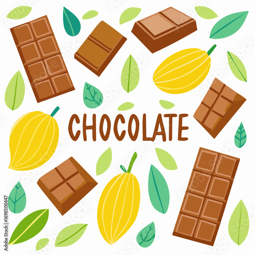 Cocoa and chocolate cartoon set. Cocoa beans, leaves, raw chocolate chunks, wedges of dessert chocolate, Chocolate text.
