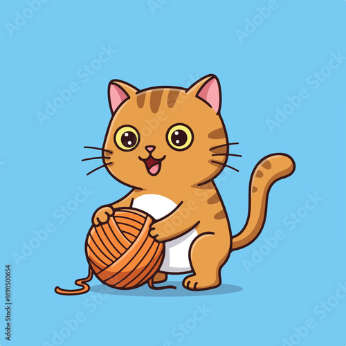 Tabby kitten plays with yarn ball on a solid blue background