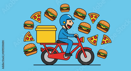 Cartoon Food Delivery Driver on Motorcycle with Burgers and Pizza.