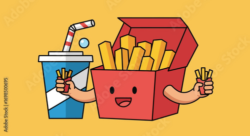 Cartoon french fries box and drink holding fries.