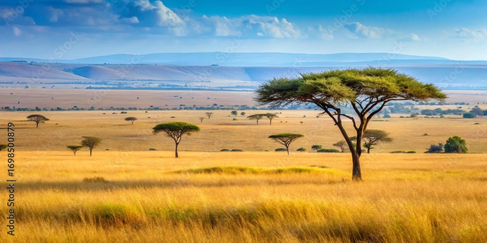 Obraz premium Golden Savanna Landscape Serene Plains Under a Vast Sky with Acacia Trees