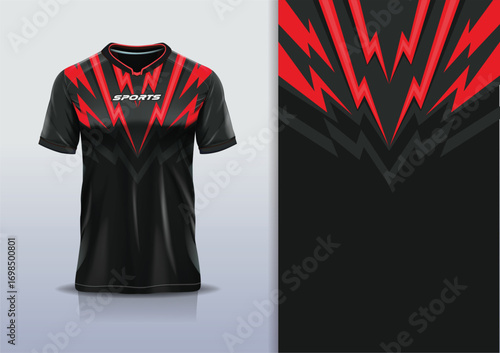T-shirt mockup with abstract flash lines sport jersey design for football, soccer, racing, esports, running, in black red color