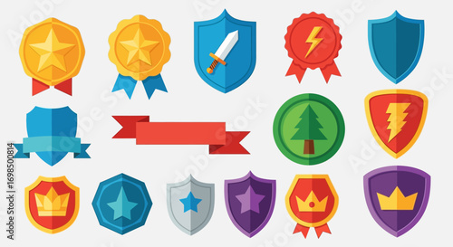 Collection of flat design game achievement icons shields and reward medals.