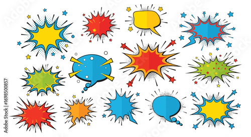 Collection of comic book style speech bubbles and explosion shapes.