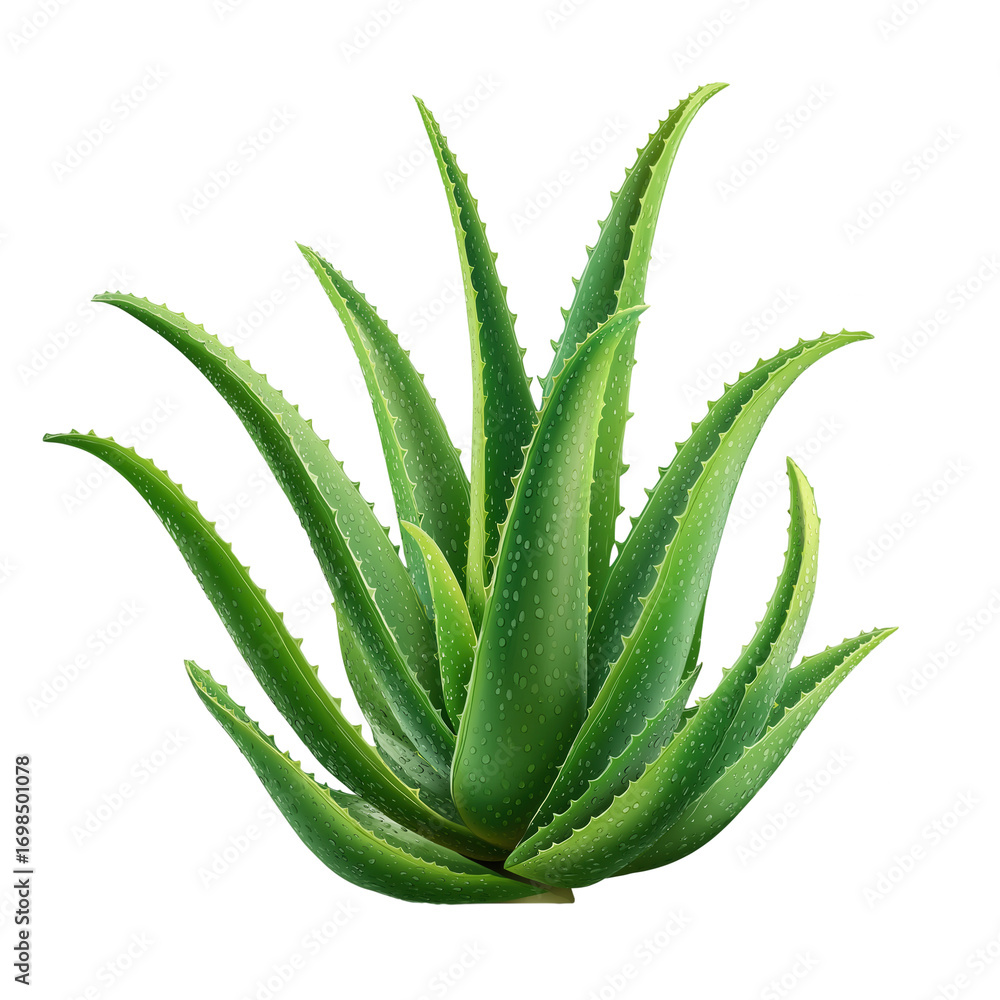 Fototapeta premium Aloe vera plant with thick serrated green leaves covered in water droplets, showing realistic texture and vibrant natural color, perfect for botanical or health related themes