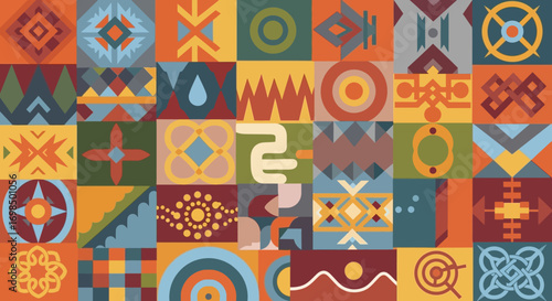 Colorful Geometric Patchwork of Indigenous Inspired Patterns.