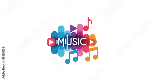 Colorful Music Text with Play Buttons and Musical Notes Graphic.