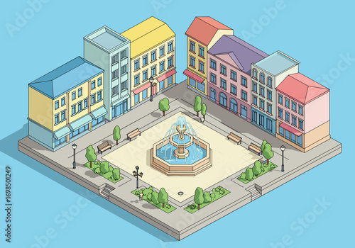 Colorful city block with fountain and pedestrian area - isometric illustration for web and print