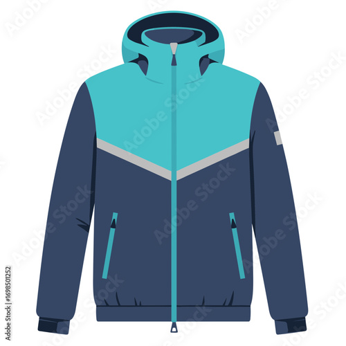 Minimalist sporty zip up ski jacket: blue and navy model with detailed elements for fashion projects