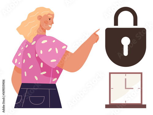 Woman gestures towards a large padlock symbol beside a clock, symbolizing safety, time awareness, and responsibility. Ideal for security, punctuality, focus, accountability, personal growth