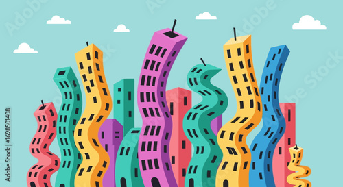 Colorful Wavy and Twisted Cartoon Skyscraper Buildings.