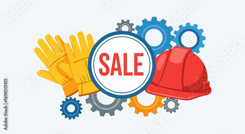Construction sale with gloves, helmet, and gears for work safety.