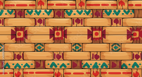 Colorful Woven Bamboo Mat with Geometric Patterns.