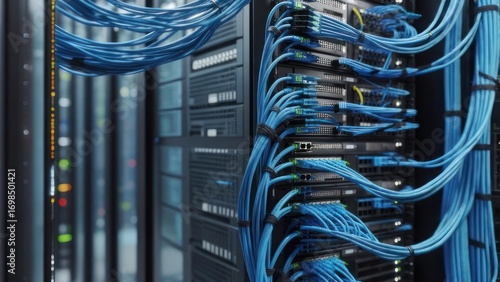 Network server rack with numerous blue cables