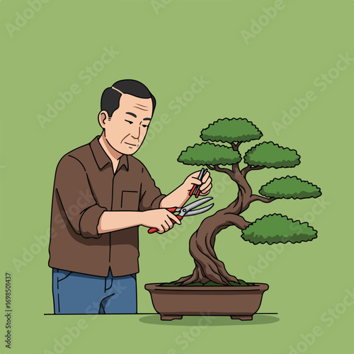 Cartoon man pruning bonsai tree with bonsai shears. Green background and brown pot