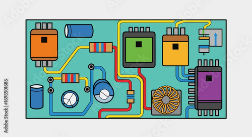 Detailed illustration of a complex electronic circuit board with various components.