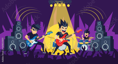 Energetic rock band performing on stage for enthusiastic crowd.