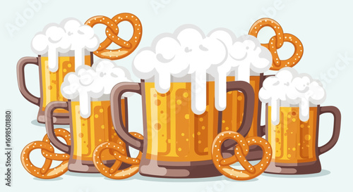 Festive beer mugs with pretzels, perfect for Oktoberfest celebrations.