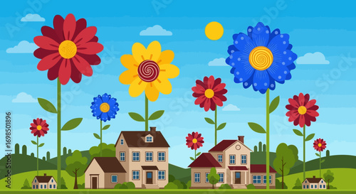 Fantasy village landscape with giant colorful flowers.