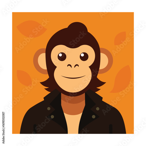 Cartoon monkey in a brown jacket with orange leaves